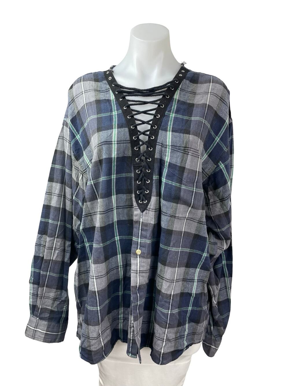 Furst of a Kind Plaid Check Flannel Long Sleeve V Neck Lace Up Shirt Top Sz L/XL